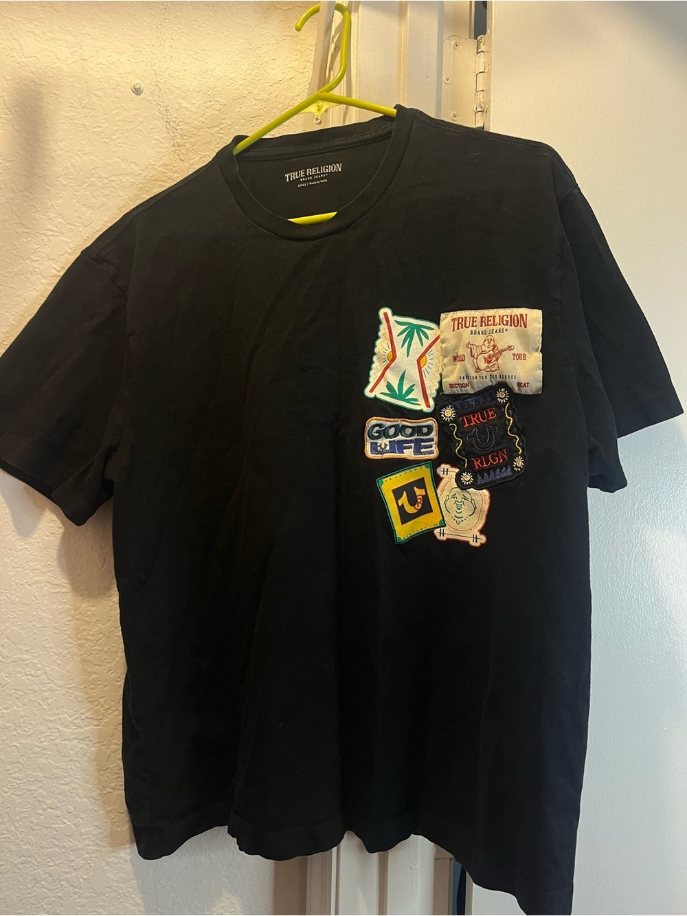 True Religion Black Crewneck T-Shirt with Multi-Color Patch Details